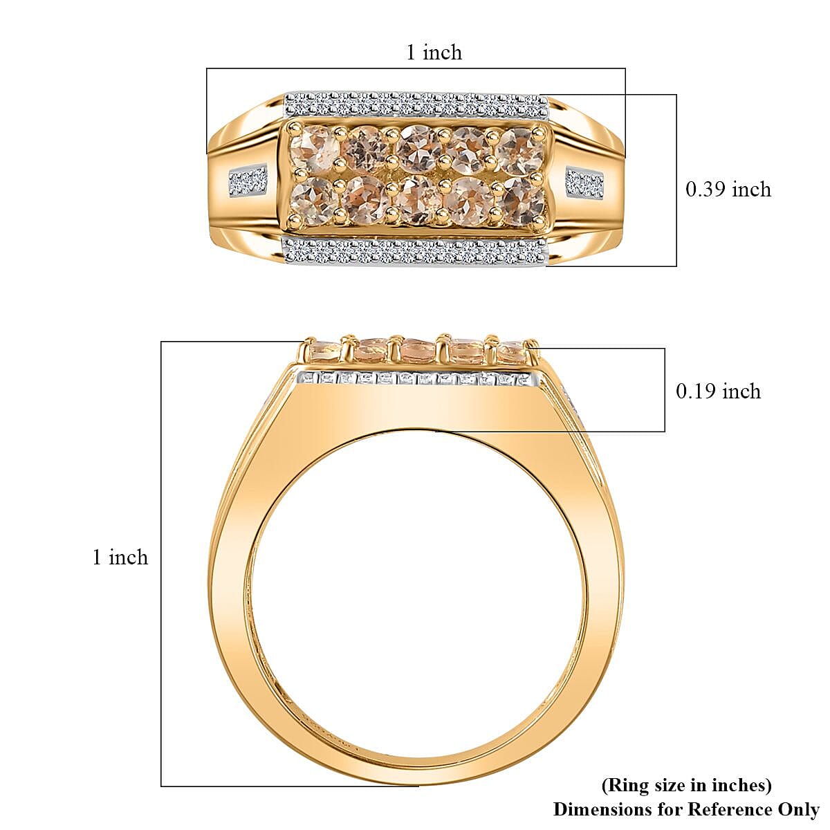 Premium Golden Imperial Topaz and White Zircon Men's Ring in Vermeil Yellow Gold Over Sterling Silver (Size 10.0) 1.10 ctw (Del. in 10-12 Days)