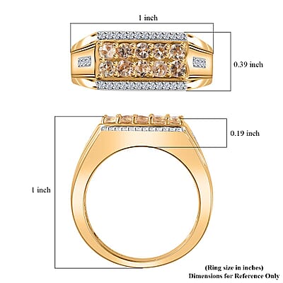 Premium Golden Imperial Topaz and White Zircon Men's Ring in Vermeil Yellow Gold Over Sterling Silver (Size 10.0) 1.10 ctw (Del. in 10-12 Days)
