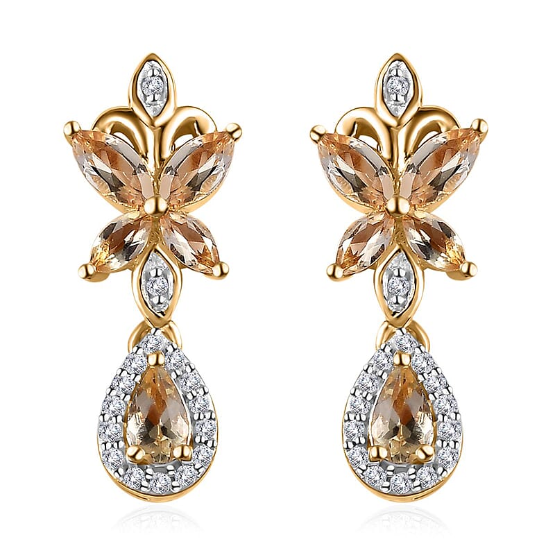 Premium Golden Imperial Topaz and White Zircon Drop Earrings in Vermeil Yellow Gold Over Sterling Silver 1.60 ctw