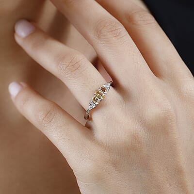 AAA Golden Imperial Topaz and Diamond 3 Stone Ring in Platinum Over Sterling Silver (Size 10.0) 0.70 ctw
