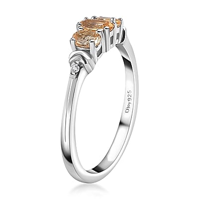 AAA Golden Imperial Topaz and Diamond 3 Stone Ring in Platinum Over Sterling Silver (Size 10.0) 0.70 ctw