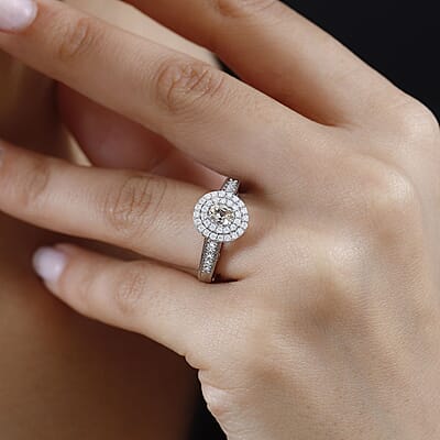 Golden Imperial Topaz and Moissanite Double Halo Ring in Platinum Over Sterling Silver (Size 10.0) 1.00 ctw
