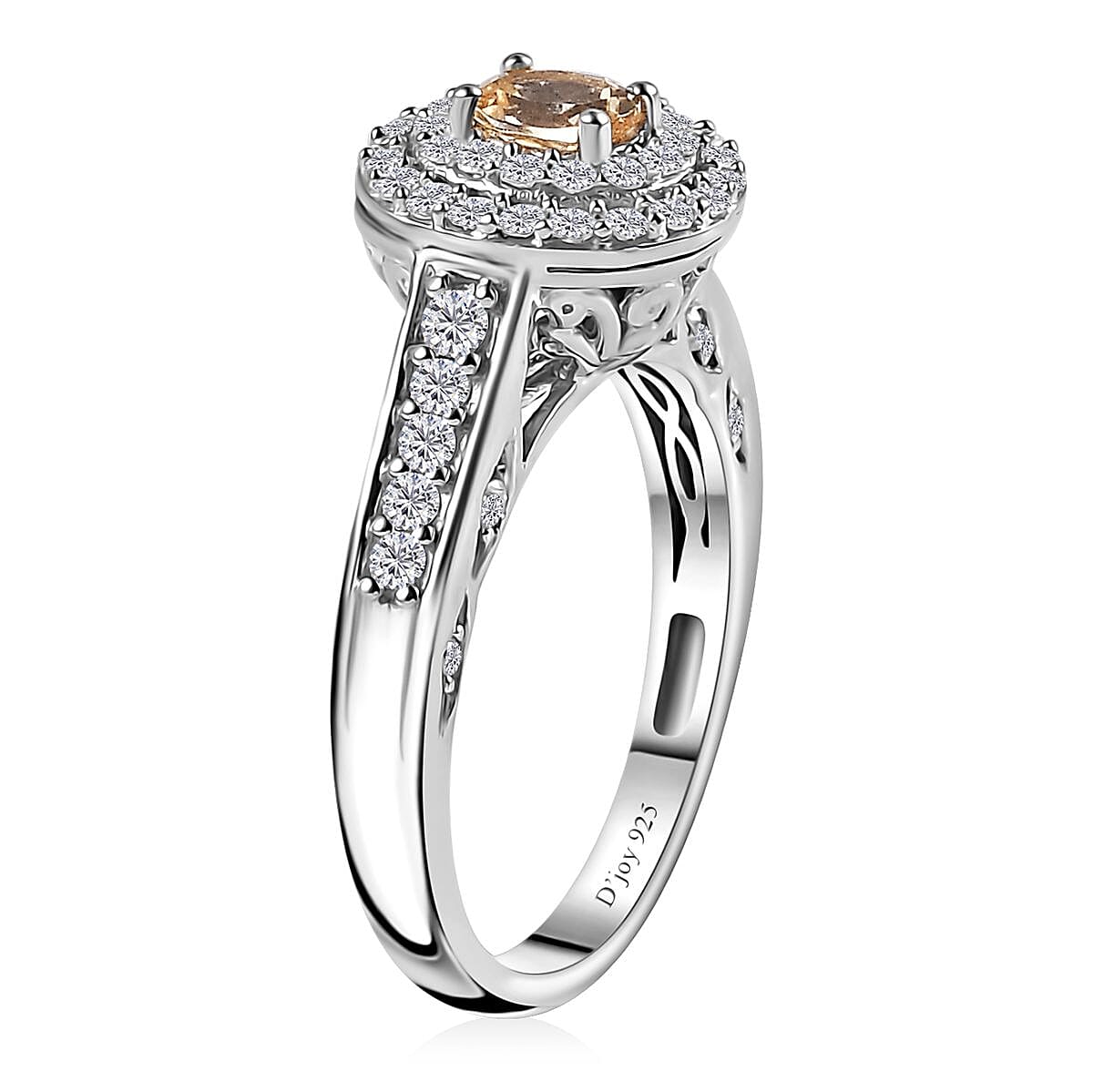Golden Imperial Topaz and Moissanite Double Halo Ring in Platinum Over Sterling Silver (Size 10.0) 1.00 ctw