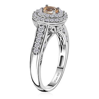 Golden Imperial Topaz and Moissanite Double Halo Ring in Platinum Over Sterling Silver (Size 10.0) 1.00 ctw