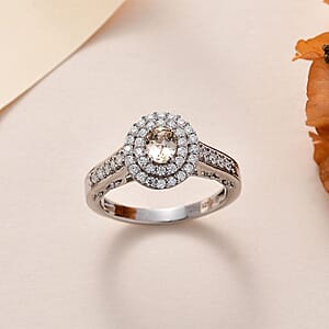 Golden Imperial Topaz and Moissanite Double Halo Ring in Platinum Over Sterling Silver (Size 6.0) 1.00 ctw