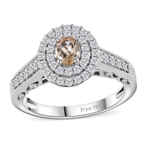 Golden Imperial Topaz and Moissanite Double Halo Ring in Platinum Over Sterling Silver (Size 9.0) 1.00 ctw