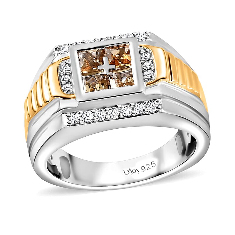 Golden Imperial Topaz and White Zircon Men's Ring in Vermeil YG and Platinum Over Sterling Silver (Size 10.0) 1.40 ctw