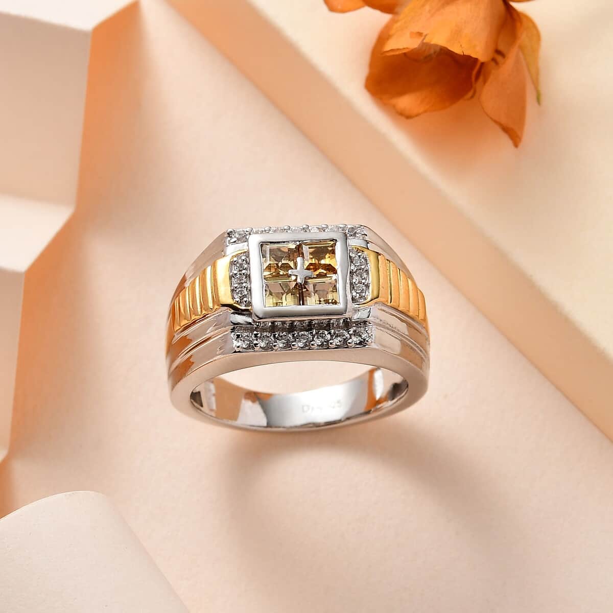 Golden Imperial Topaz and White Zircon Men's Ring in Vermeil YG and Platinum Over Sterling Silver (Size 13.0) 1.40 ctw image number 1