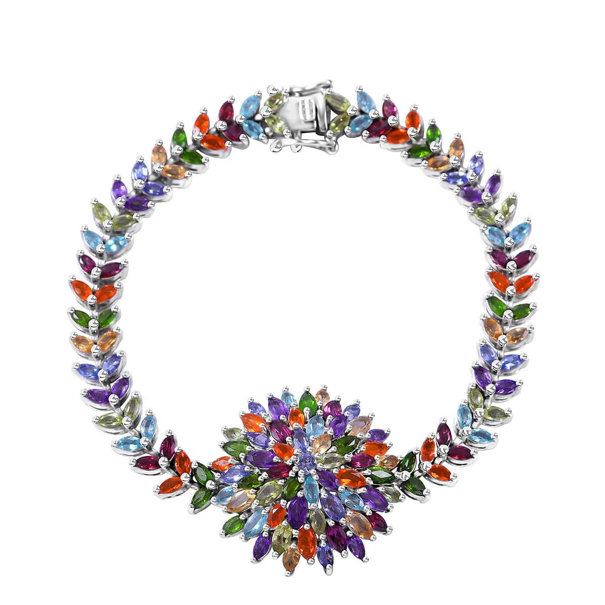 Multi Gemstone Dahlia Floral Spray Bracelet in Platinum Over Sterling Silver (6.50 In) 11.90 ctw image number 0