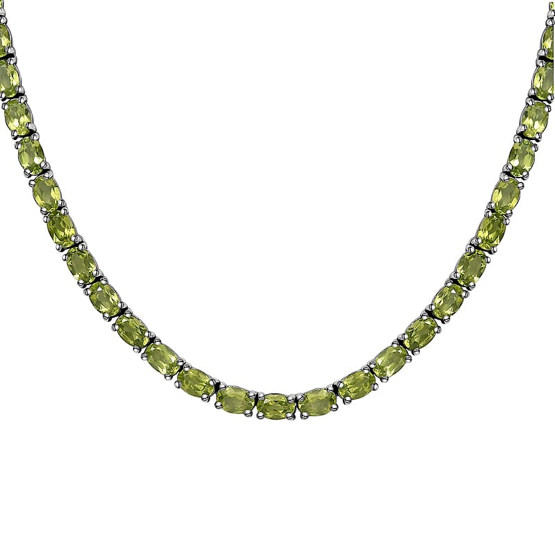 Peridot Tennis Necklace 18 Inches in Platinum Over Sterling Silver 37.75 ctw