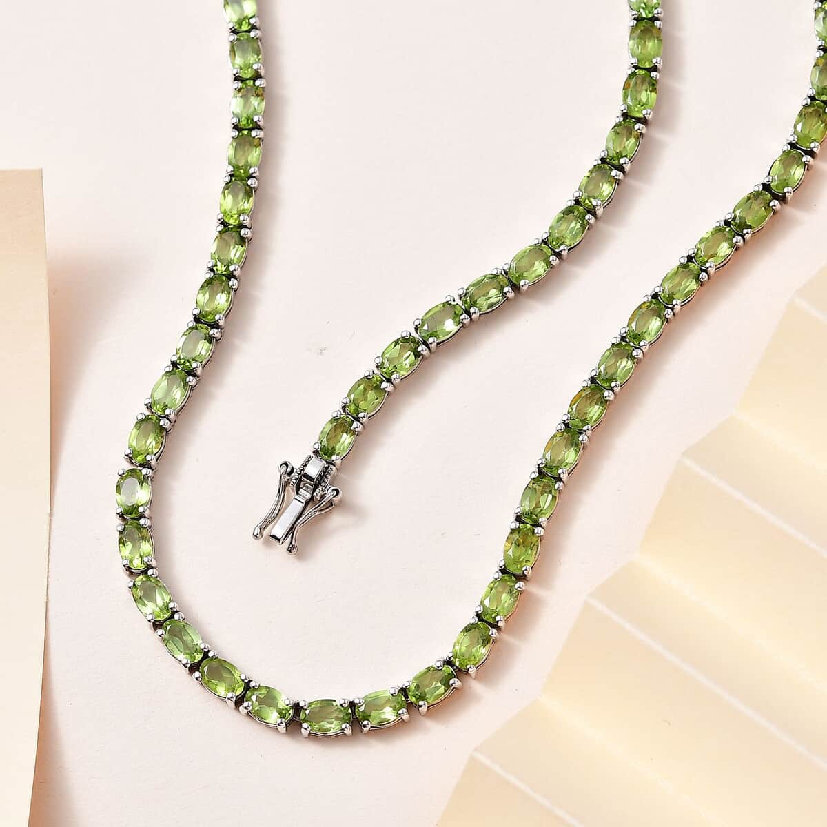 Peridot Tennis Necklace 18 Inches in Platinum Over Sterling Silver 37.75 ctw image number 1