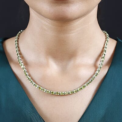 Peridot Tennis Necklace 18 Inches in Platinum Over Sterling Silver 37.75 ctw