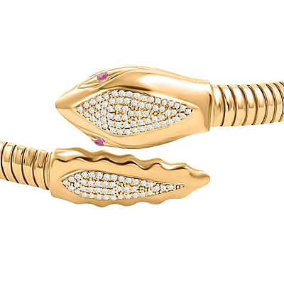 Italian Simulated Pink and White Diamond Bangle Bracelet in 14K Yellow Gold Over Sterling Silver (6.50 In) 2.55 ctw