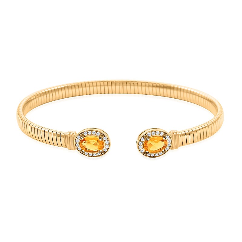 Italian Citrine and Simulated Diamond Bangle Bracelet in 14K Yellow Gold Over Sterling Silver (6.50 In) 2.40 ctw