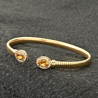 Italian Citrine and Simulated Diamond Bangle Bracelet in 14K Yellow Gold Over Sterling Silver (6.50 In) 2.40 ctw