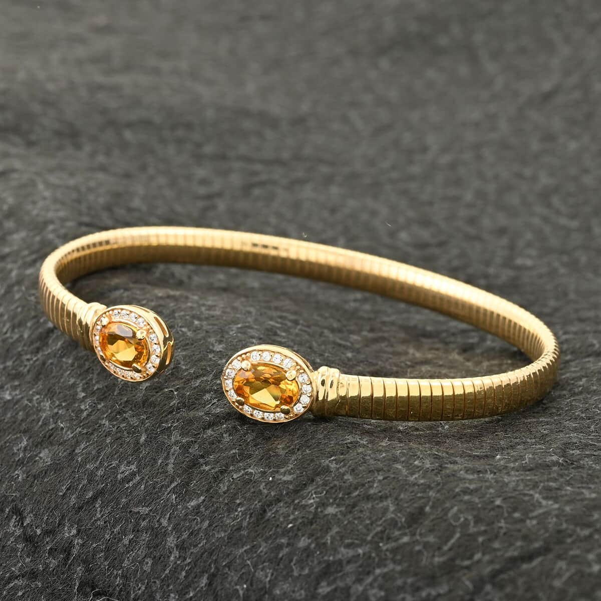 Mother’s Day Gift Italian Citrine and Simulated Diamond Bangle Bracelet in 14K Yellow Gold Over Sterling Silver (6.50 In) 2.40 ctw image number 1