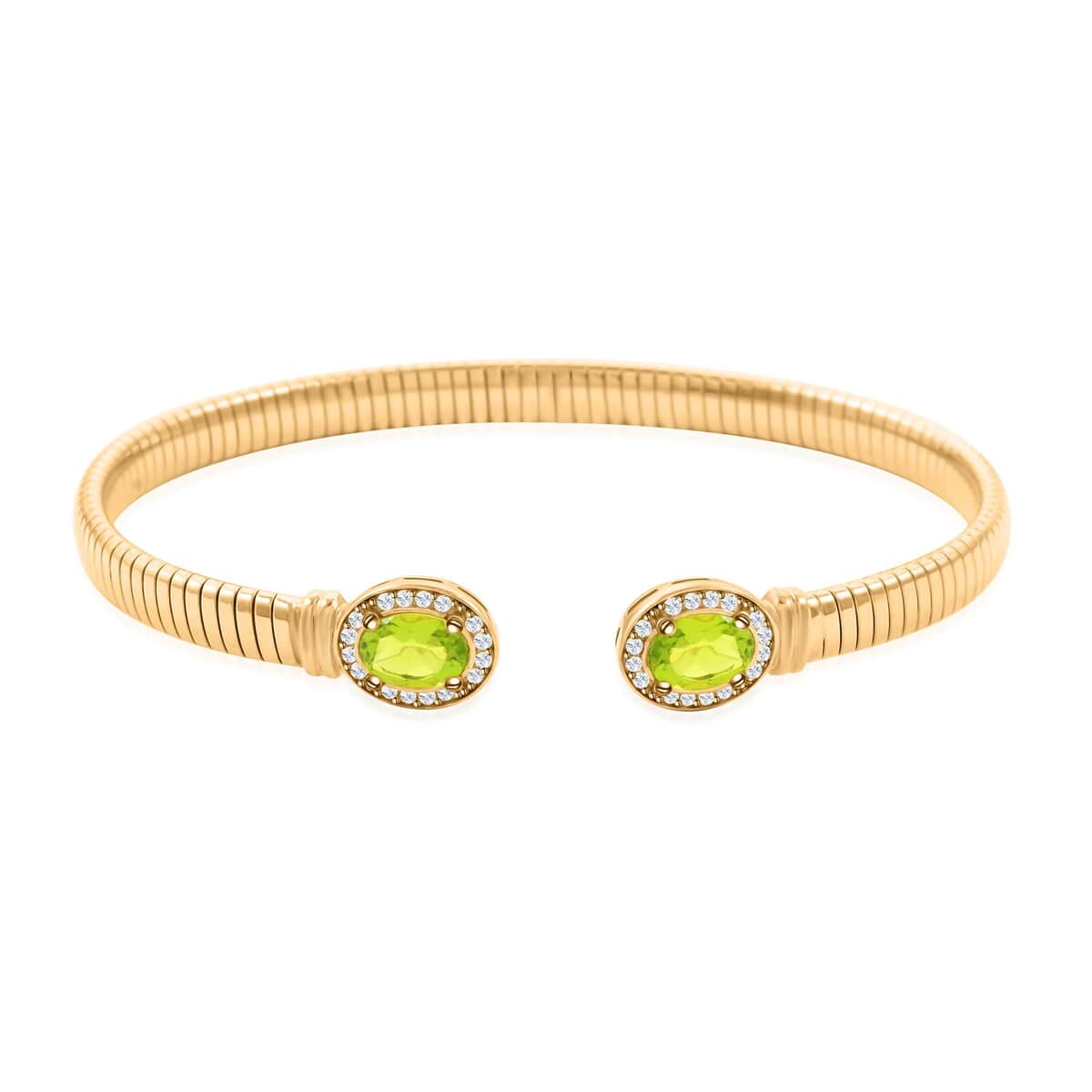 Italian Peridot and Simulated Diamond Bangle Bracelet in 14K Yellow Gold Over Sterling Silver (6.50 In) 2.40 ctw image number 0