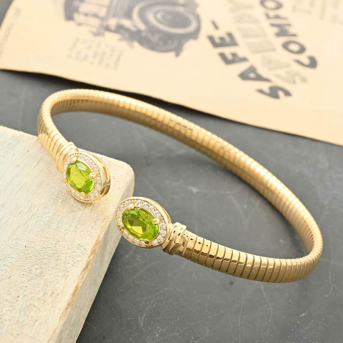 Italian Peridot and Simulated Diamond Bangle Bracelet in 14K Yellow Gold Over Sterling Silver (6.50 In) 2.40 ctw image number 1