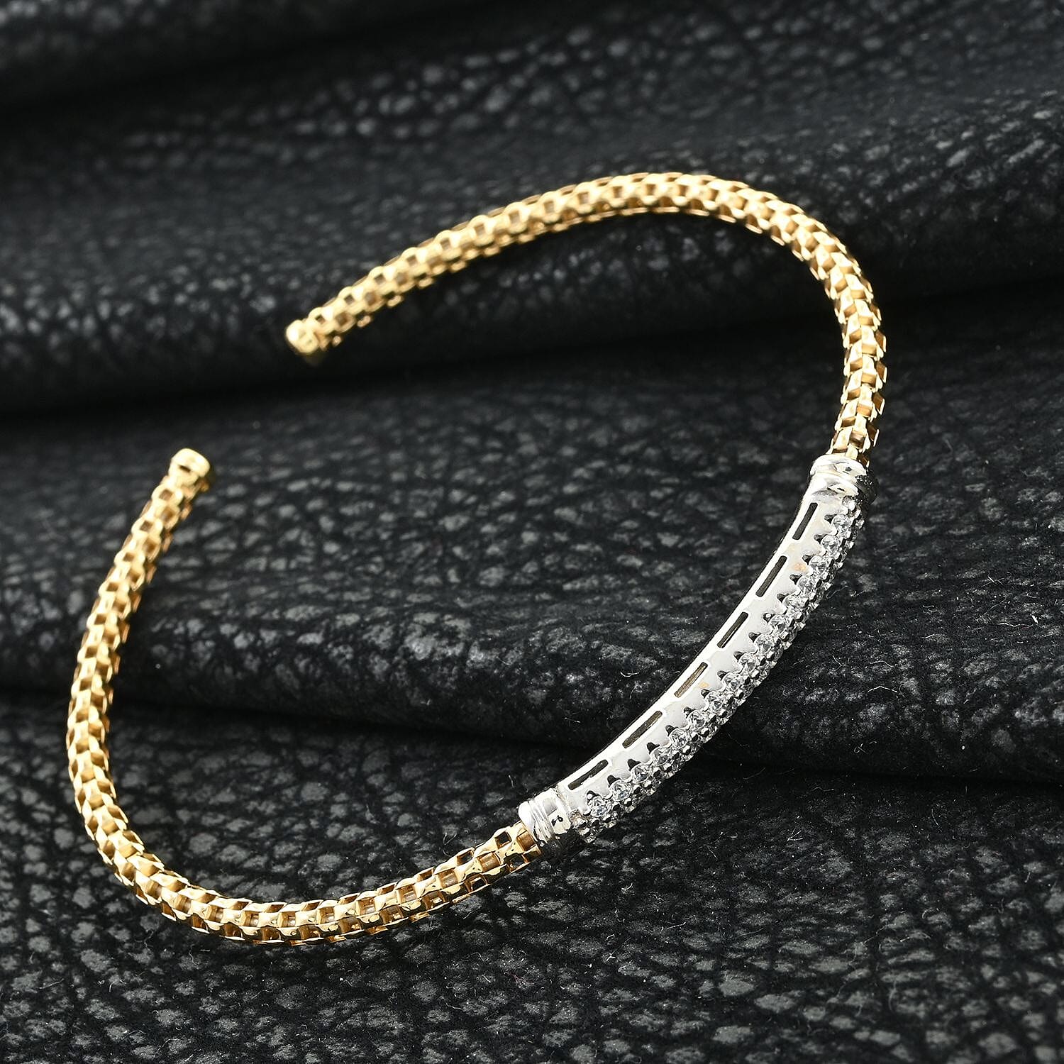Italian Simulated Diamond Bangle Bracelet in 14K Yellow Gold and Sterling Silver (6.50 In) 0.75 ctw