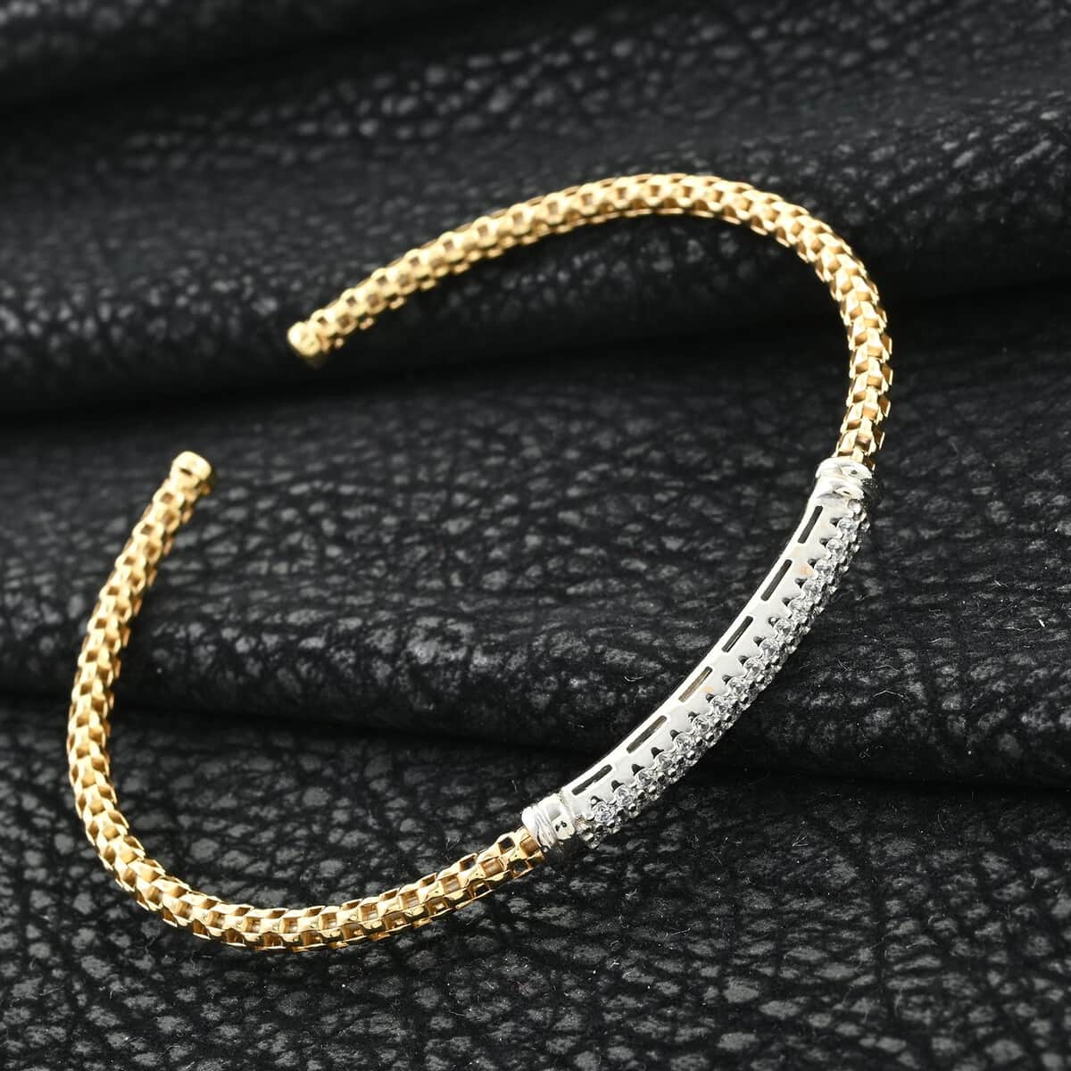 Italian Simulated Diamond Bangle Bracelet in 14K Yellow Gold and Sterling Silver (6.50 In) 0.75 ctw image number 1