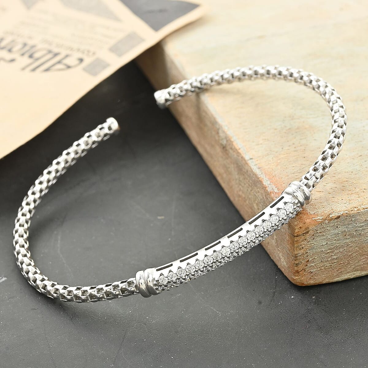 Italian Simulated Diamond Bangle Bracelet in Sterling Silver (6.50 In) 0.75 ctw image number 1