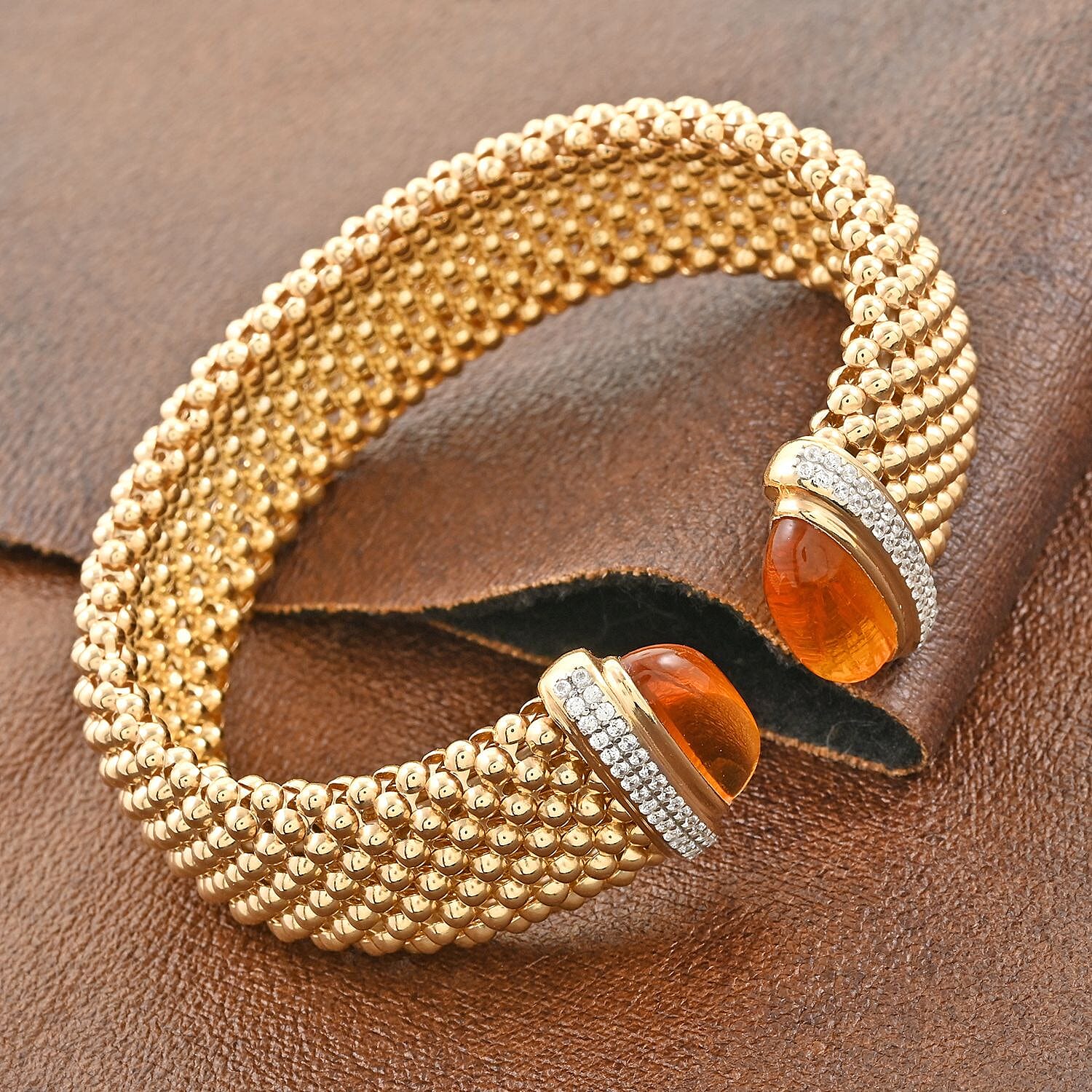 Italian Brazilian Citrine and Simulated Diamond Bangle Bracelet in 14K Yellow Gold Over Sterling Silver (6.50 In) 5.90 ctw