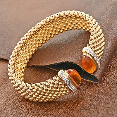 Italian Brazilian Citrine and Simulated Diamond Bangle Bracelet in 14K Yellow Gold Over Sterling Silver (6.50 In) 5.90 ctw