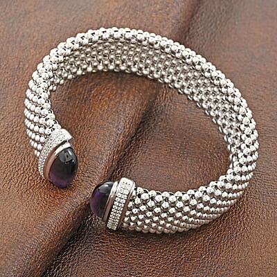 Italian African Amethyst and Simulated Diamond Bangle Bracelet in Sterling Silver (6.50 In) 5.90 ctw