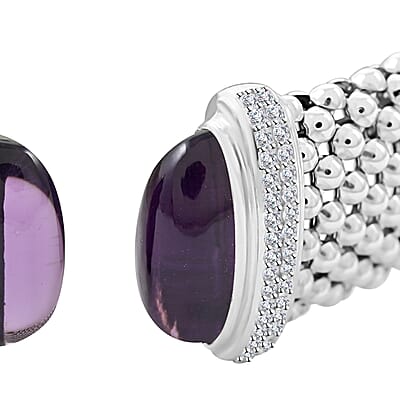 Italian African Amethyst and Simulated Diamond Bangle Bracelet in Sterling Silver (6.50 In) 5.90 ctw