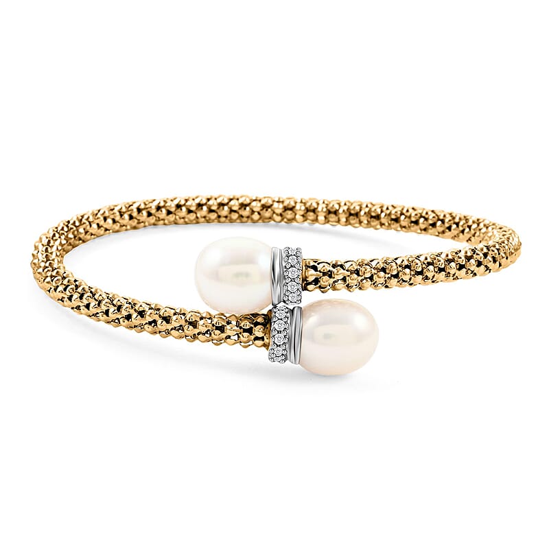 Italian Freshwater Pearl and Simulated Diamond Bangle Bracelet in 14K Yellow Gold Over Sterling Silver (6.50 In) 0.40 ctw