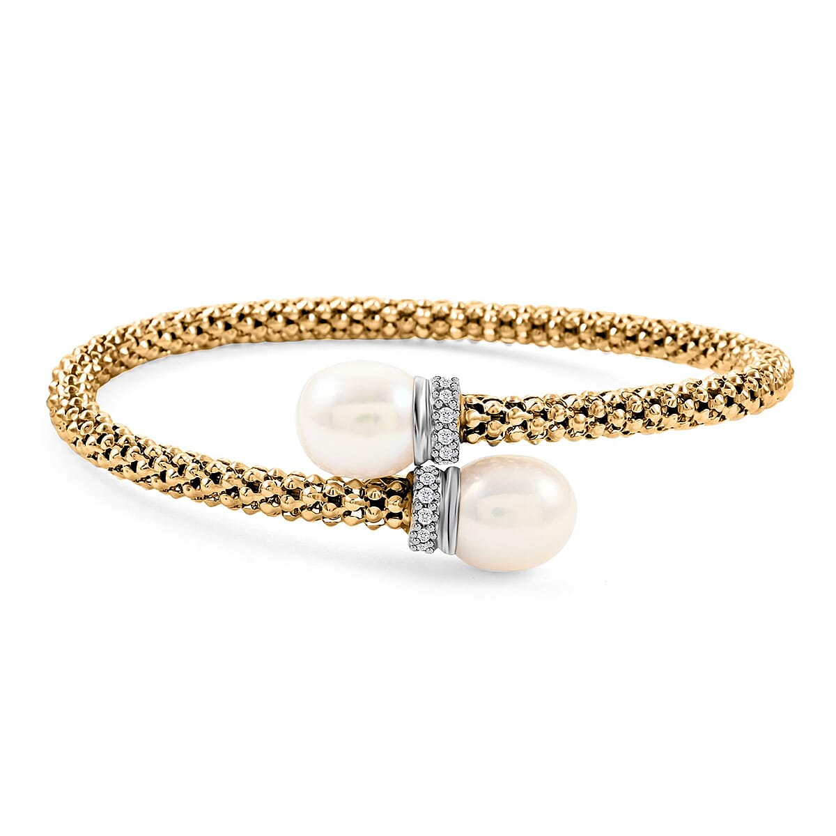 Mother’s Day Gift Italian Freshwater Pearl and Simulated Diamond Bangle Bracelet in 14K Yellow Gold Over Sterling Silver (6.50 In) 0.40 ctw image number 0