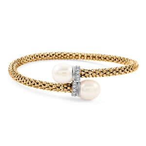 Mother’s Day Gift Italian Freshwater Pearl and Simulated Diamond Bangle Bracelet in 14K Yellow Gold Over Sterling Silver (6.50 In) 0.40 ctw