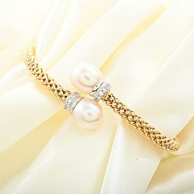 Italian Freshwater Pearl and Simulated Diamond Bangle Bracelet in 14K Yellow Gold Over Sterling Silver (6.50 In) 0.40 ctw