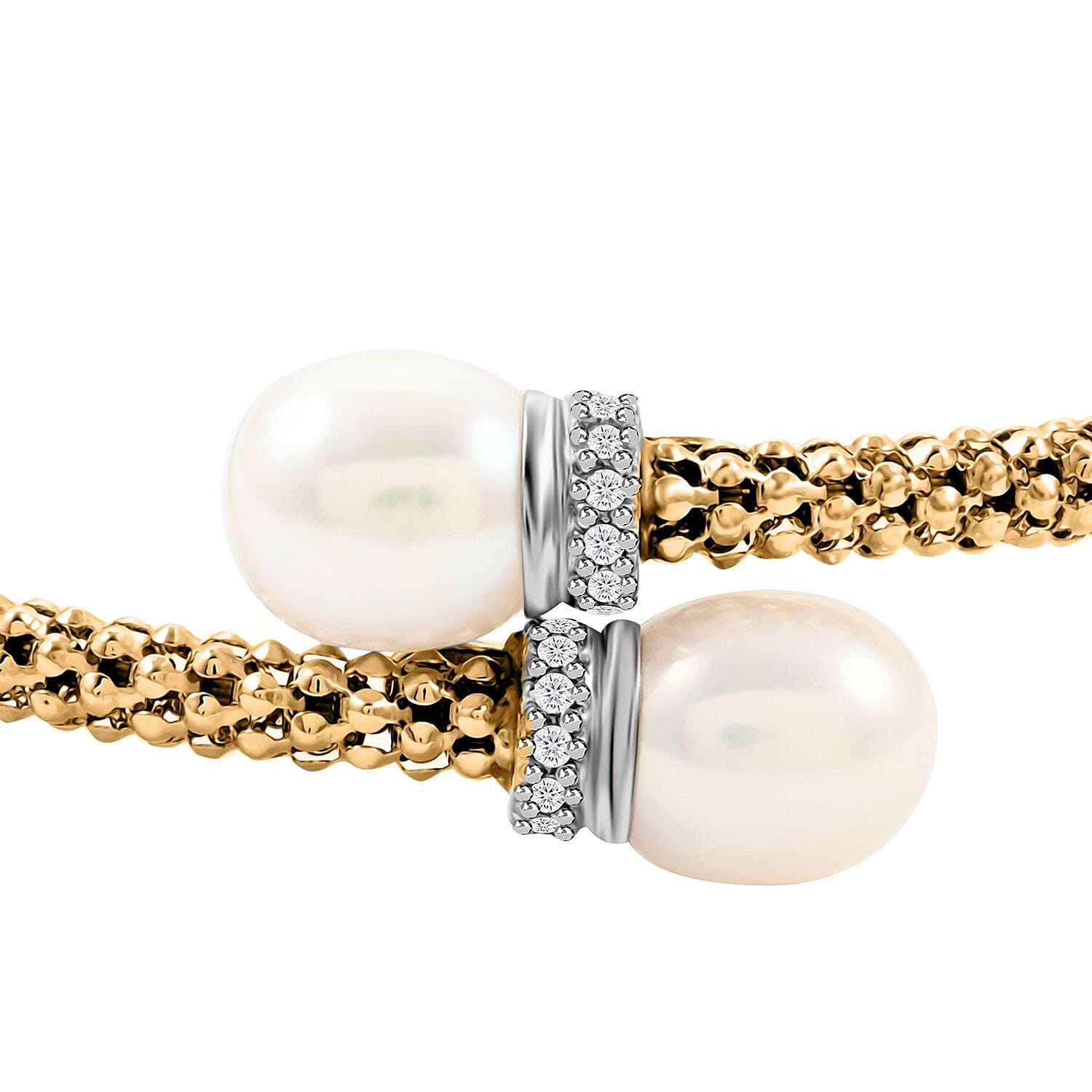 Italian Freshwater Pearl and Simulated Diamond Bangle Bracelet in 14K Yellow Gold Over Sterling Silver (6.50 In) 0.40 ctw