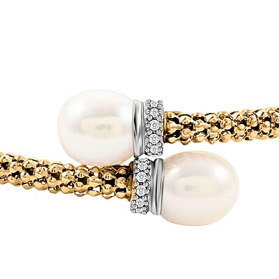 Italian Freshwater Pearl and Simulated Diamond Bangle Bracelet in 14K Yellow Gold Over Sterling Silver (6.50 In) 0.40 ctw