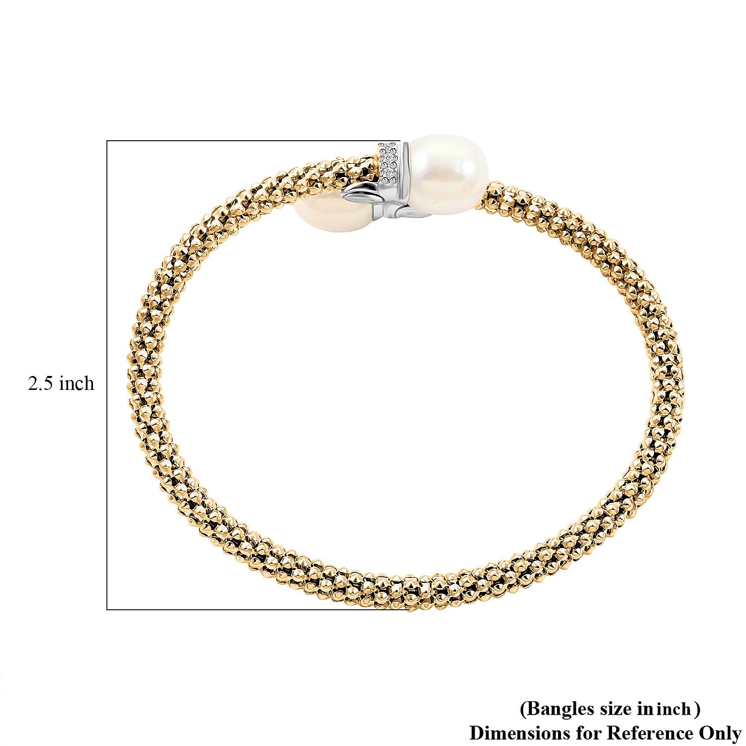 Italian Freshwater Pearl and Simulated Diamond Bangle Bracelet in 14K Yellow Gold Over Sterling Silver (6.50 In) 0.40 ctw