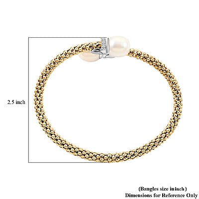 Italian Freshwater Pearl and Simulated Diamond Bangle Bracelet in 14K Yellow Gold Over Sterling Silver (6.50 In) 0.40 ctw