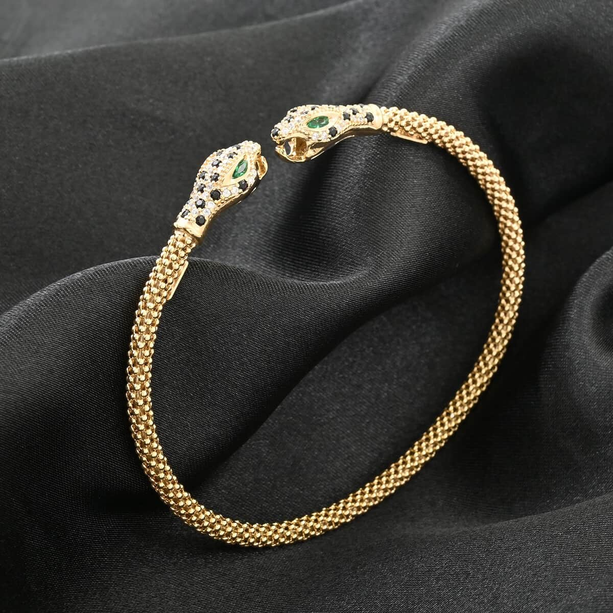 Italian Simulated Green, White and Black Diamond Bangle Bracelet in 14K Yellow Gold Over Sterling Silver (6.25 In) 2.40 ctw image number 1