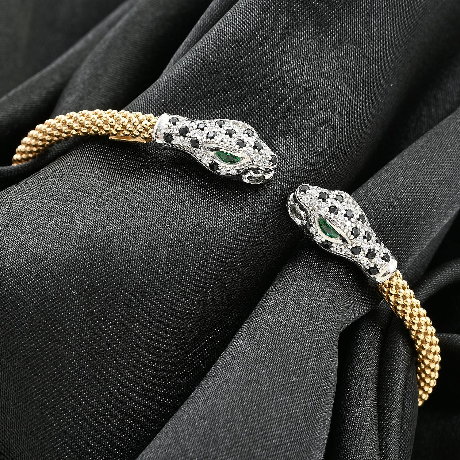 Italian Simulated Green, White and Black Diamond Bangle Bracelet in 14K Yellow Gold Over and Sterling Silver (6.25 In) 2.40 ctw