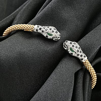 Italian Simulated Green, White and Black Diamond Bangle Bracelet in 14K Yellow Gold Over and Sterling Silver (6.25 In) 2.40 ctw