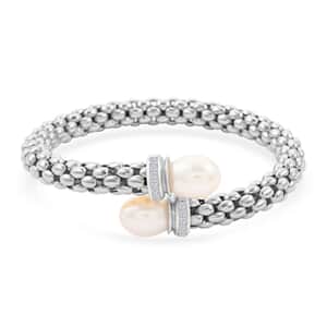 Mother’s Day Gift Italian Freshwater Pearl and Simulated Diamond Bangle Bracelet in Sterling Silver (6.50 In) 0.33 ctw