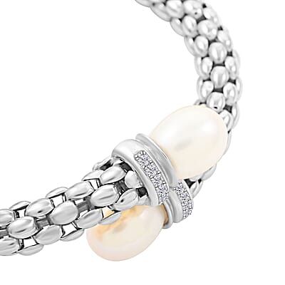 Italian Freshwater Pearl and Simulated Diamond Bangle Bracelet in Sterling Silver (6.50 In) 0.33 ctw