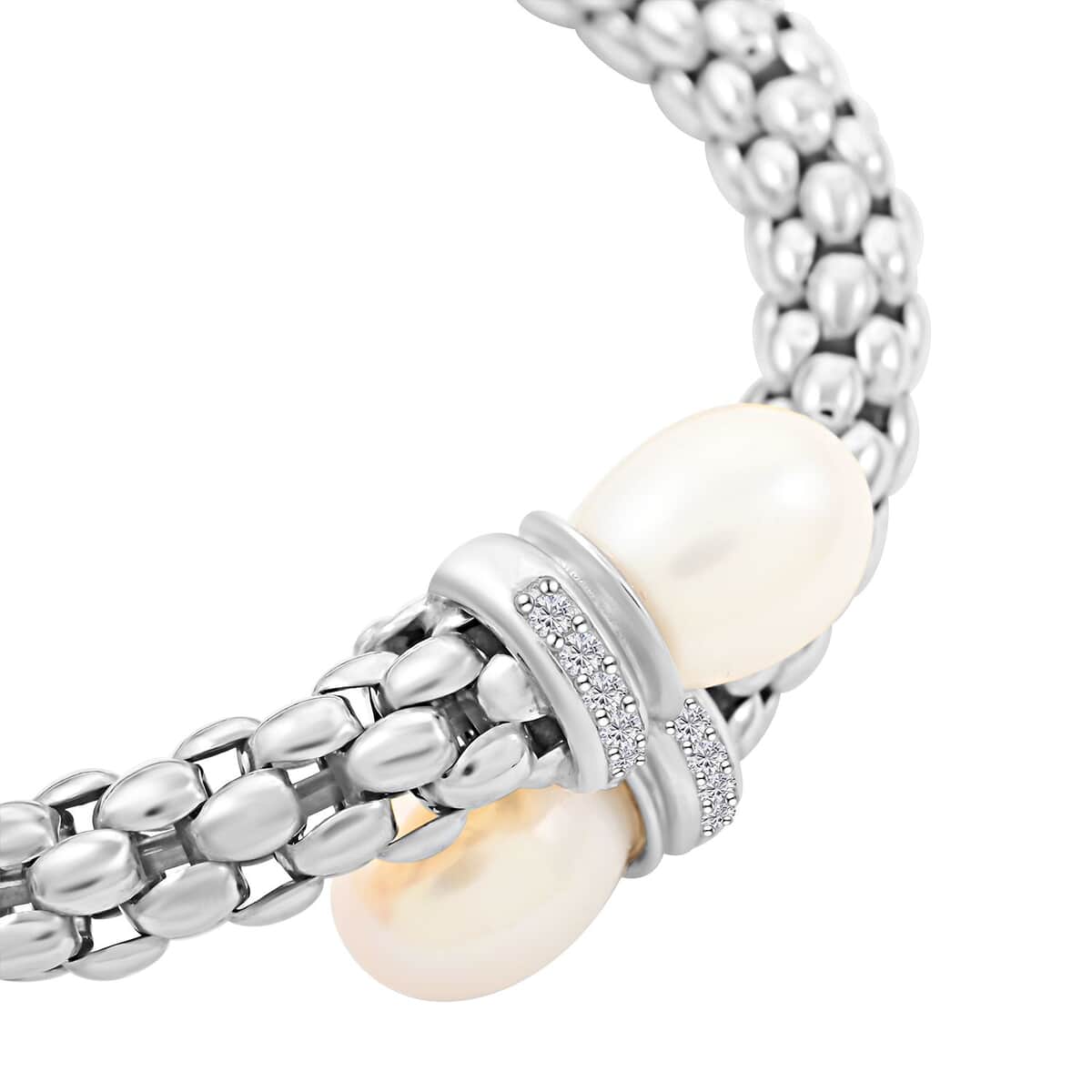Mother’s Day Gift Italian Freshwater Pearl and Simulated Diamond Bangle Bracelet in Sterling Silver (6.50 In) 0.33 ctw image number 2