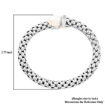 Italian Freshwater Pearl and Simulated Diamond Bangle Bracelet in Sterling Silver (6.50 In) 0.33 ctw