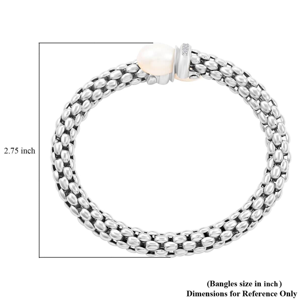 Mother’s Day Gift Italian Freshwater Pearl and Simulated Diamond Bangle Bracelet in Sterling Silver (6.50 In) 0.33 ctw image number 3