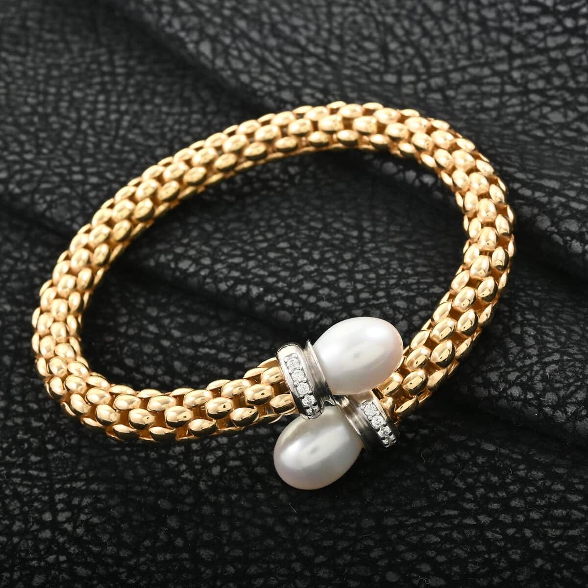 Italian Freshwater Pearl and Simulated Diamond Bangle Bracelet in 14K YG Over and Sterling Silver (6.50 In) 0.33 ctw image number 1