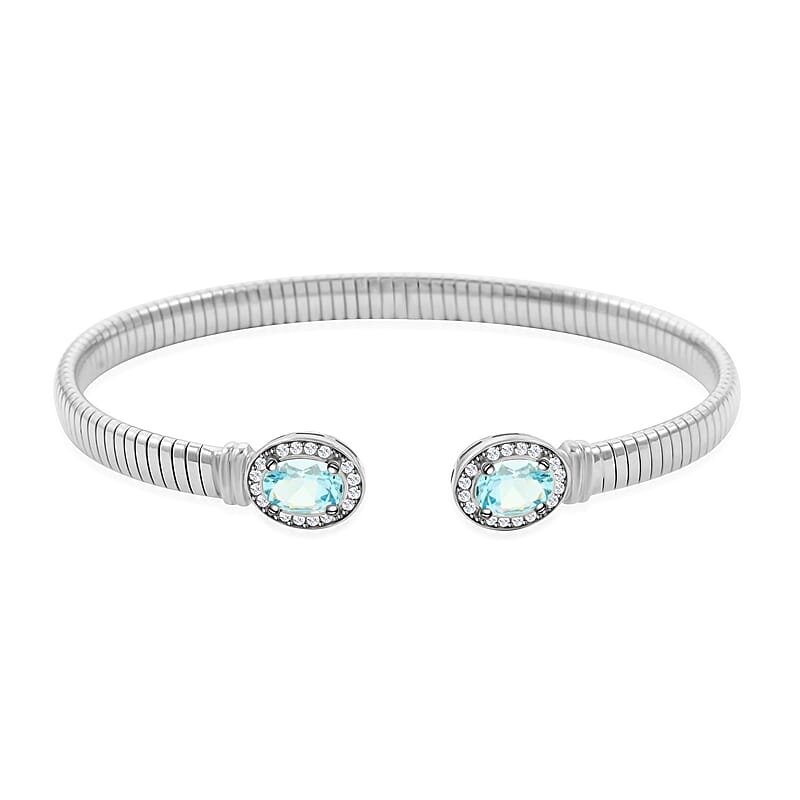 Italian Blue Topaz and Simulated Diamond Bangle Bracelet in Sterling Silver (6.50 In) 2.40 ctw
