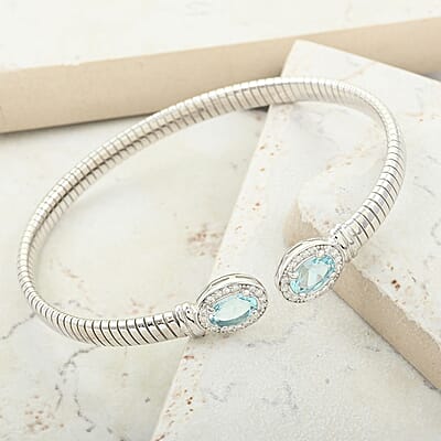 Italian Blue Topaz and Simulated Diamond Bangle Bracelet in Sterling Silver (6.50 In) 2.40 ctw
