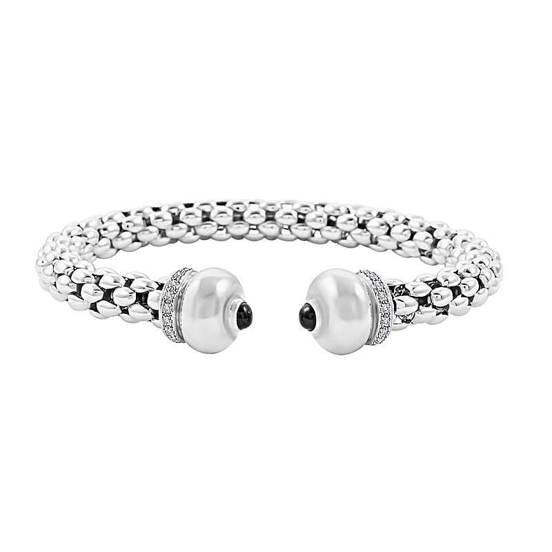 Italian Black Onyx and Simulated Diamond Bangle Bracelet in Sterling Silver (6.50 In) 1.50 ctw