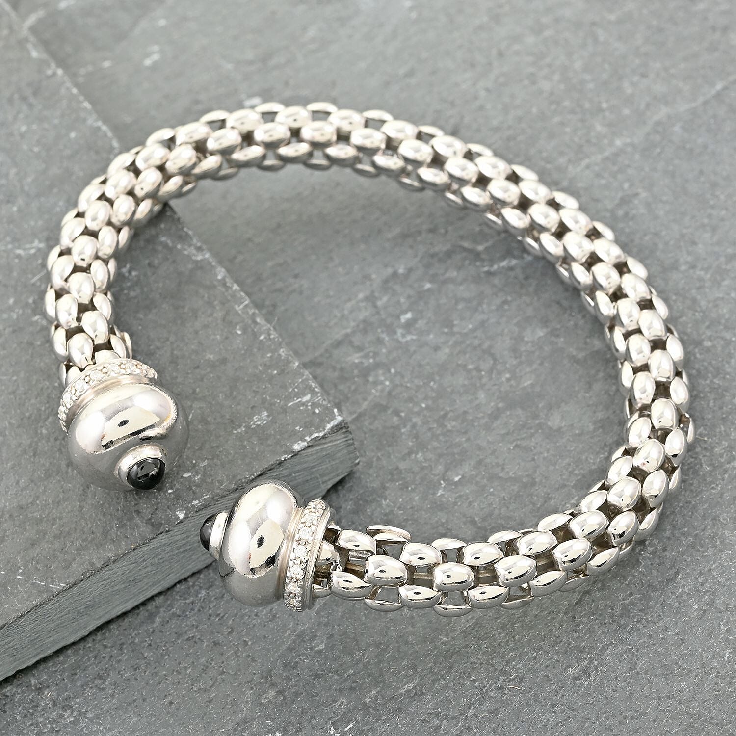 Italian Black Onyx and Simulated Diamond Bangle Bracelet in Sterling Silver (6.50 In) 1.50 ctw